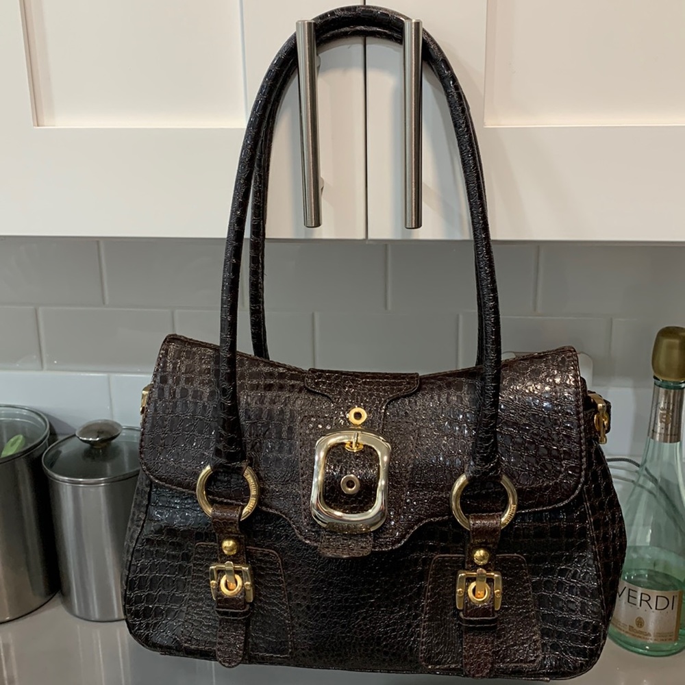 Stuart Weitzman Croc Sioux Black Croco Patent Leather Shoulder Bag